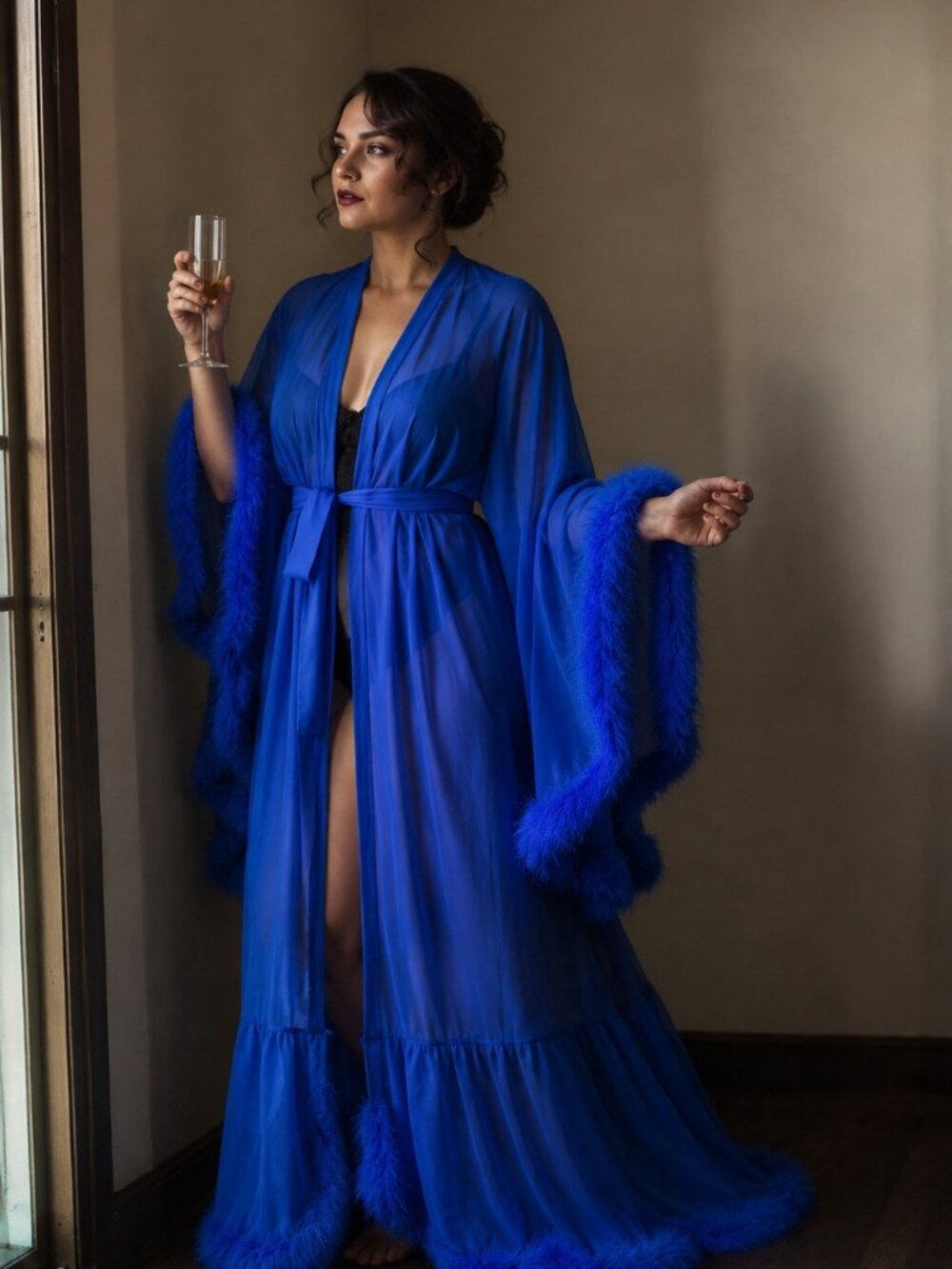 Royal Blue Feather Bridal Robe Long Sheer Chiffon Lingerie Nightgown L/XL